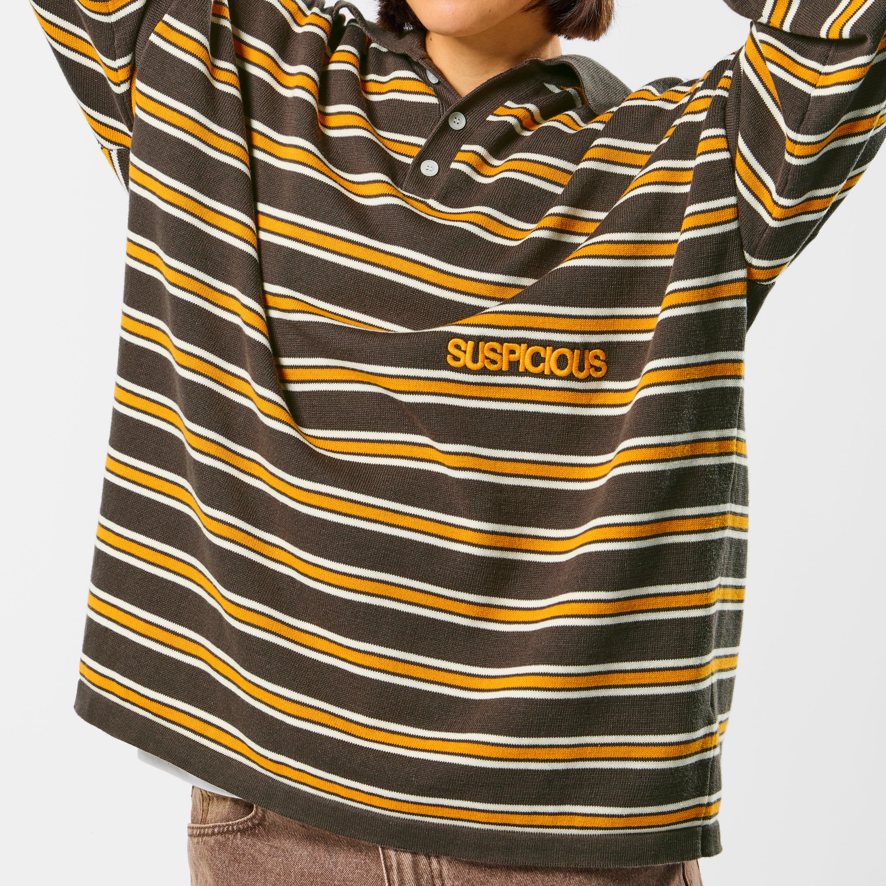 Softground / Striped Cotton Knitted Polo - Dark Armory & Orange - Image 8